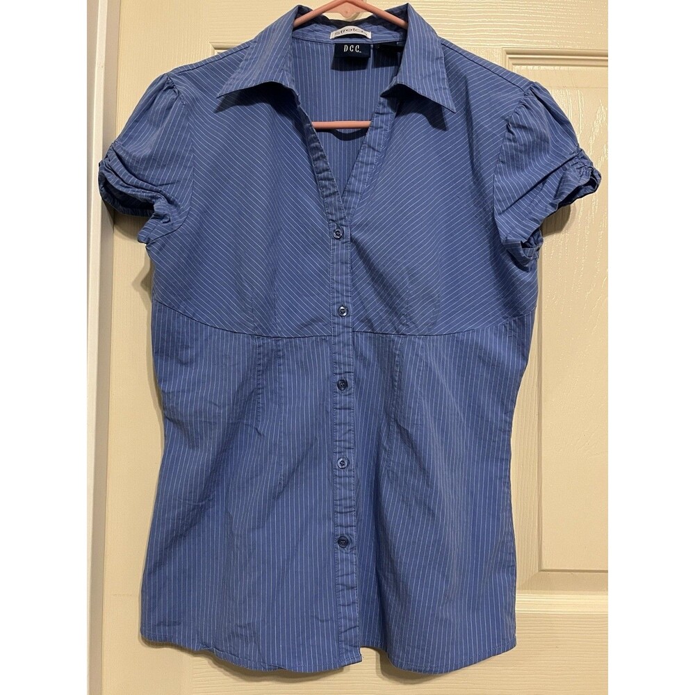 DCC Blue White Striped Puff Sleeve Button Up Stretch Shirt Top Women's Large y2k